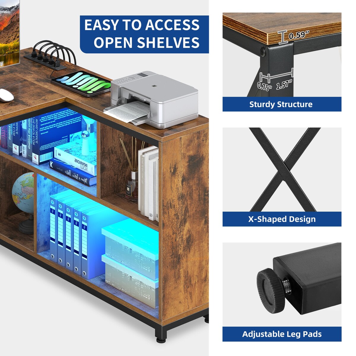 Moasis Reversible L Shaped Computer Corner Desk with Storage Shelves Built-in Power Outlets & LED Lights