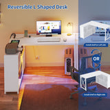Moasis Reversible L Shaped Computer Corner Desk with Storage Shelves Built-in Power Outlets & LED Lights