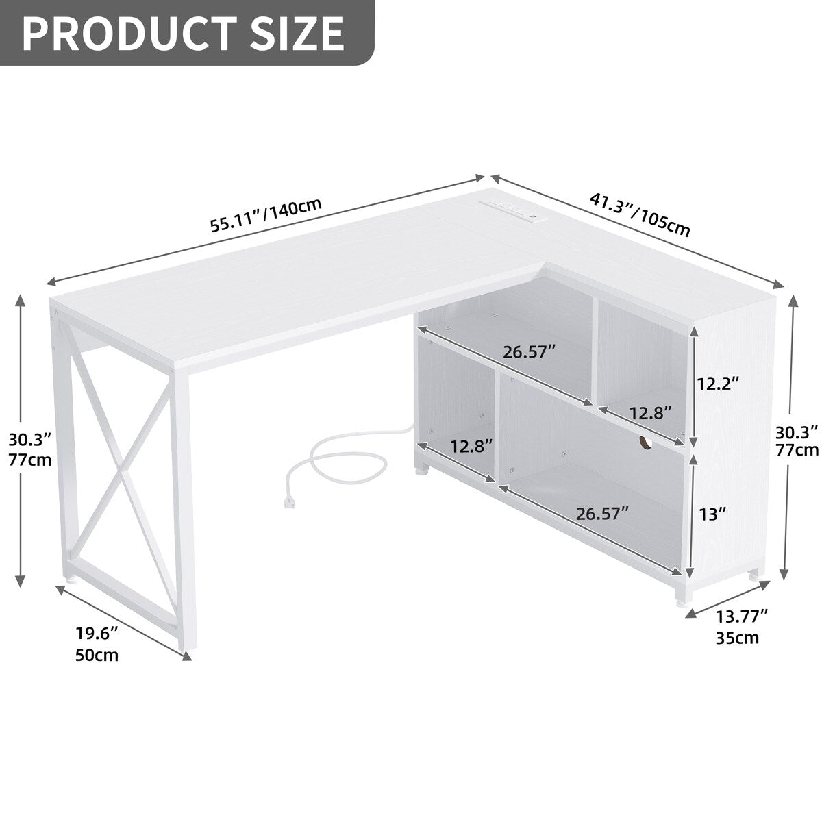 Moasis Reversible L Shaped Computer Corner Desk with Storage Shelves Built-in Power Outlets & LED Lights