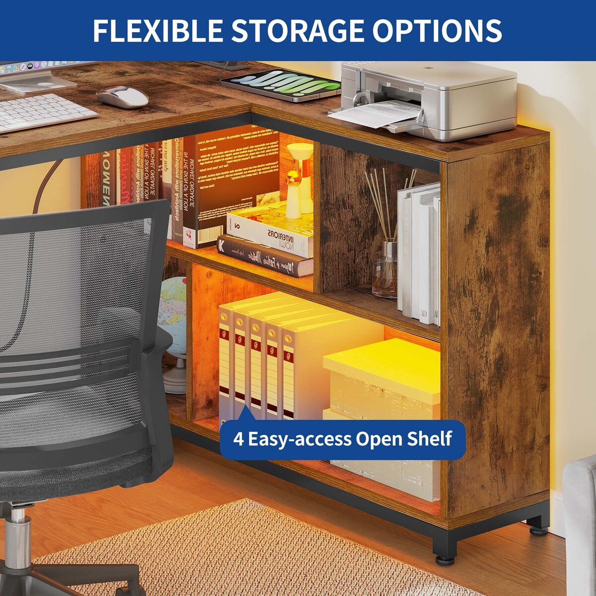 Moasis Reversible L Shaped Computer Corner Desk with Storage Shelves Built-in Power Outlets & LED Lights
