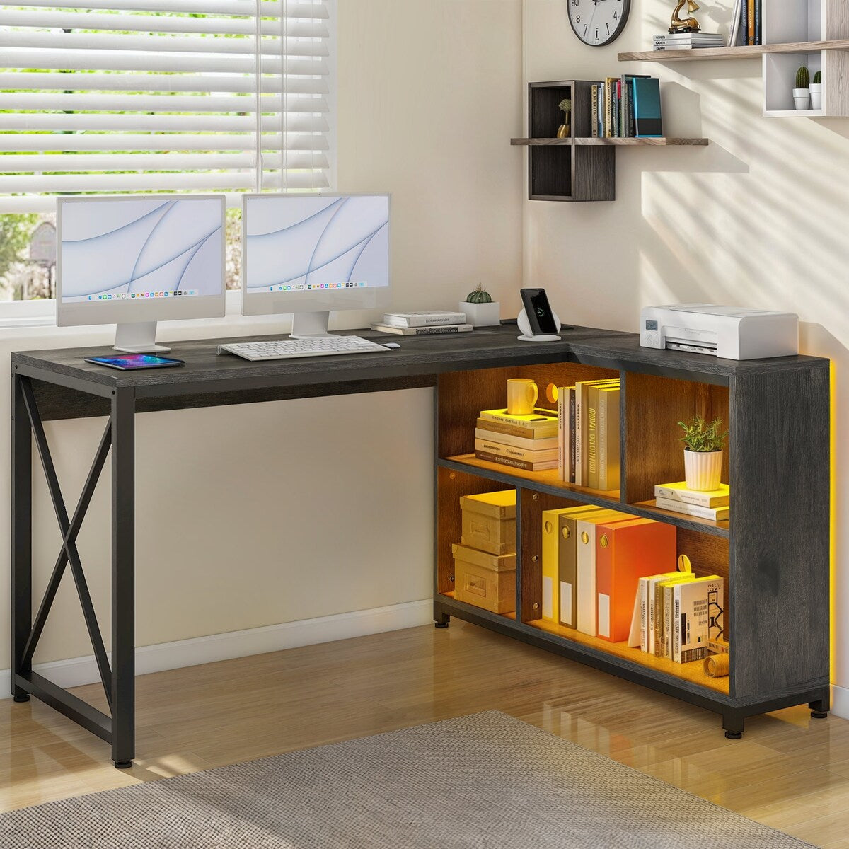 Moasis Reversible L Shaped Computer Corner Desk with Storage Shelves Built-in Power Outlets & LED Lights