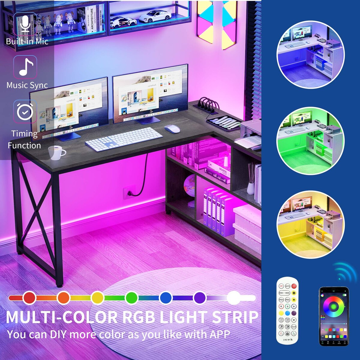 Moasis Reversible L Shaped Computer Corner Desk with Storage Shelves Built-in Power Outlets & LED Lights