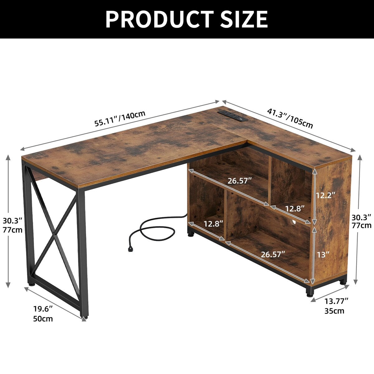 Moasis Reversible L Shaped Computer Corner Desk with Storage Shelves Built-in Power Outlets & LED Lights
