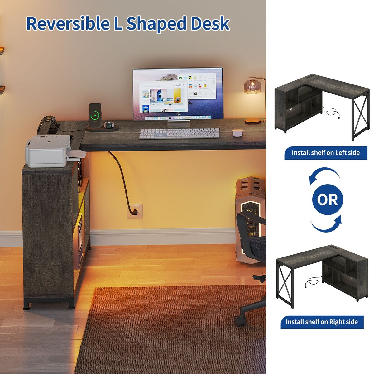 Moasis Reversible L Shaped Computer Corner Desk with Storage Shelves Built-in Power Outlets & LED Lights