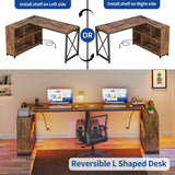 Moasis Reversible L Shaped Computer Corner Desk with Storage Shelves Built-in Power Outlets & LED Lights