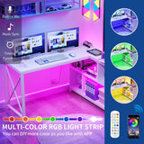 Moasis Reversible L Shaped Computer Corner Desk with Storage Shelves Built-in Power Outlets & LED Lights