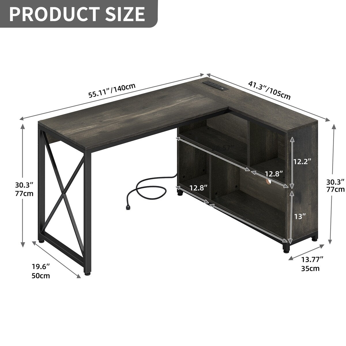 Moasis Reversible L Shaped Computer Corner Desk with Storage Shelves Built-in Power Outlets & LED Lights