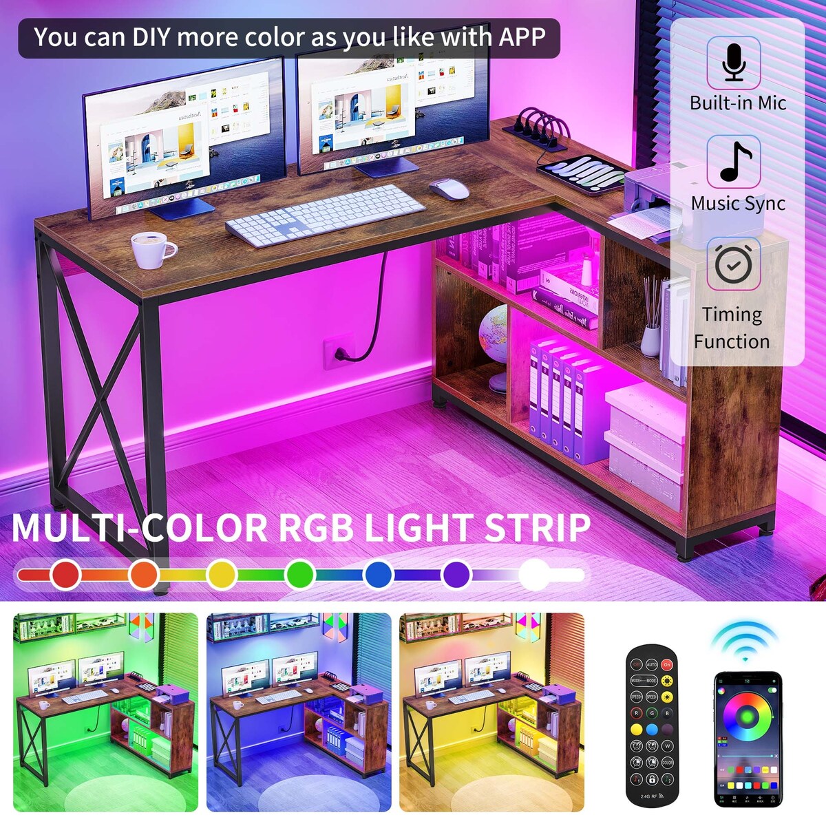 Moasis Reversible L Shaped Computer Corner Desk with Storage Shelves Built-in Power Outlets & LED Lights