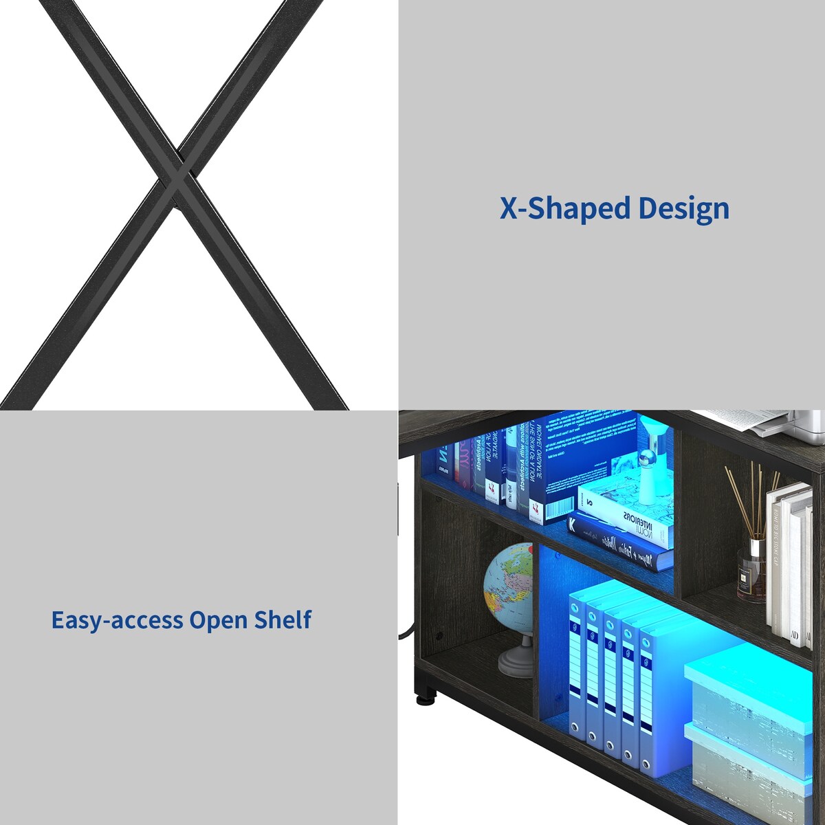 Moasis Reversible L Shaped Computer Corner Desk with Storage Shelves Built-in Power Outlets & LED Lights