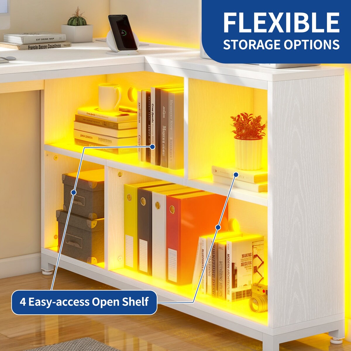 Moasis Reversible L Shaped Computer Corner Desk with Storage Shelves Built-in Power Outlets & LED Lights