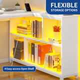 Moasis Reversible L Shaped Computer Corner Desk with Storage Shelves Built-in Power Outlets & LED Lights