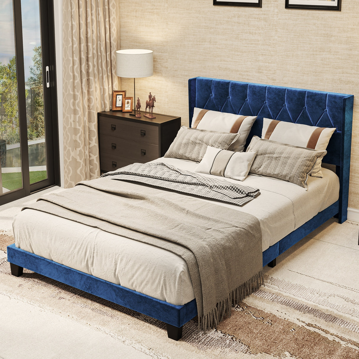 Rhombus/Square Velvet Tufted Headboard Platform Bed Frame
