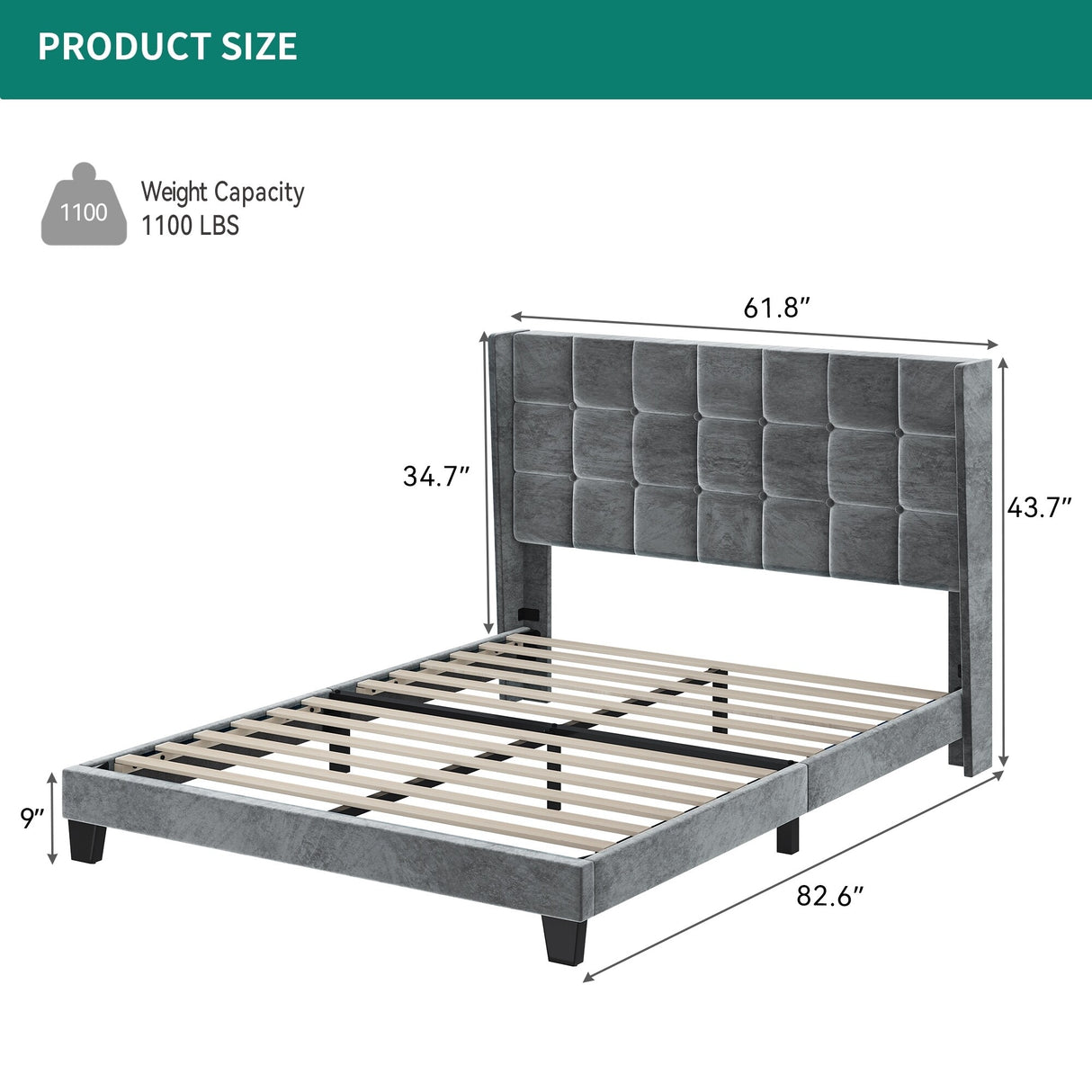 Rhombus/Square Velvet Tufted Headboard Platform Bed Frame
