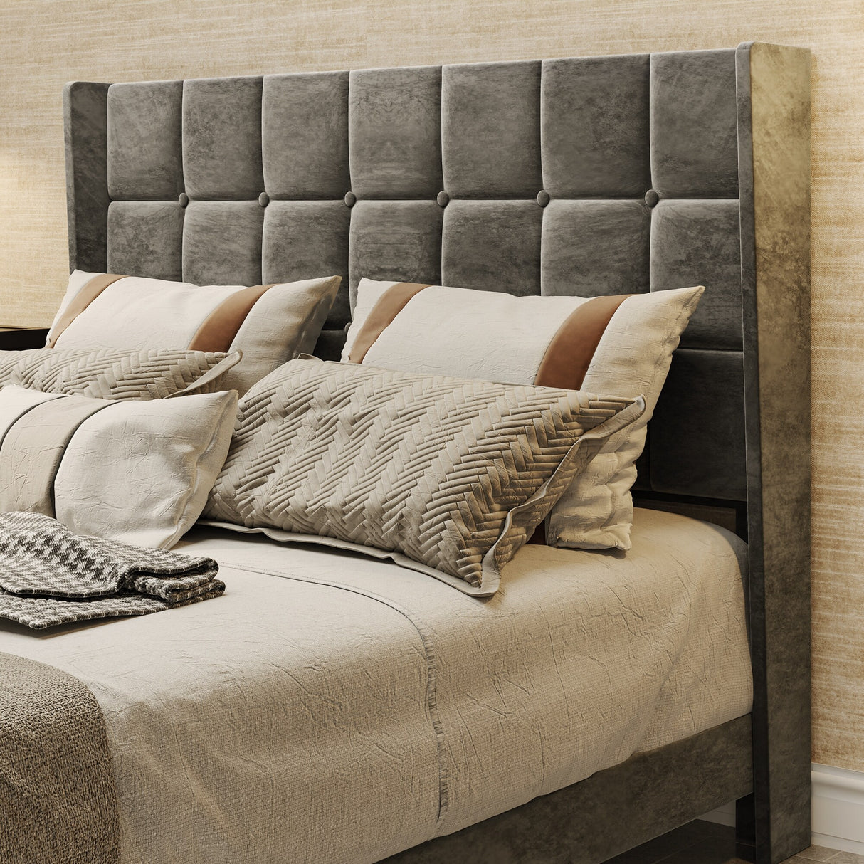 Rhombus/Square Velvet Tufted Headboard Platform Bed Frame