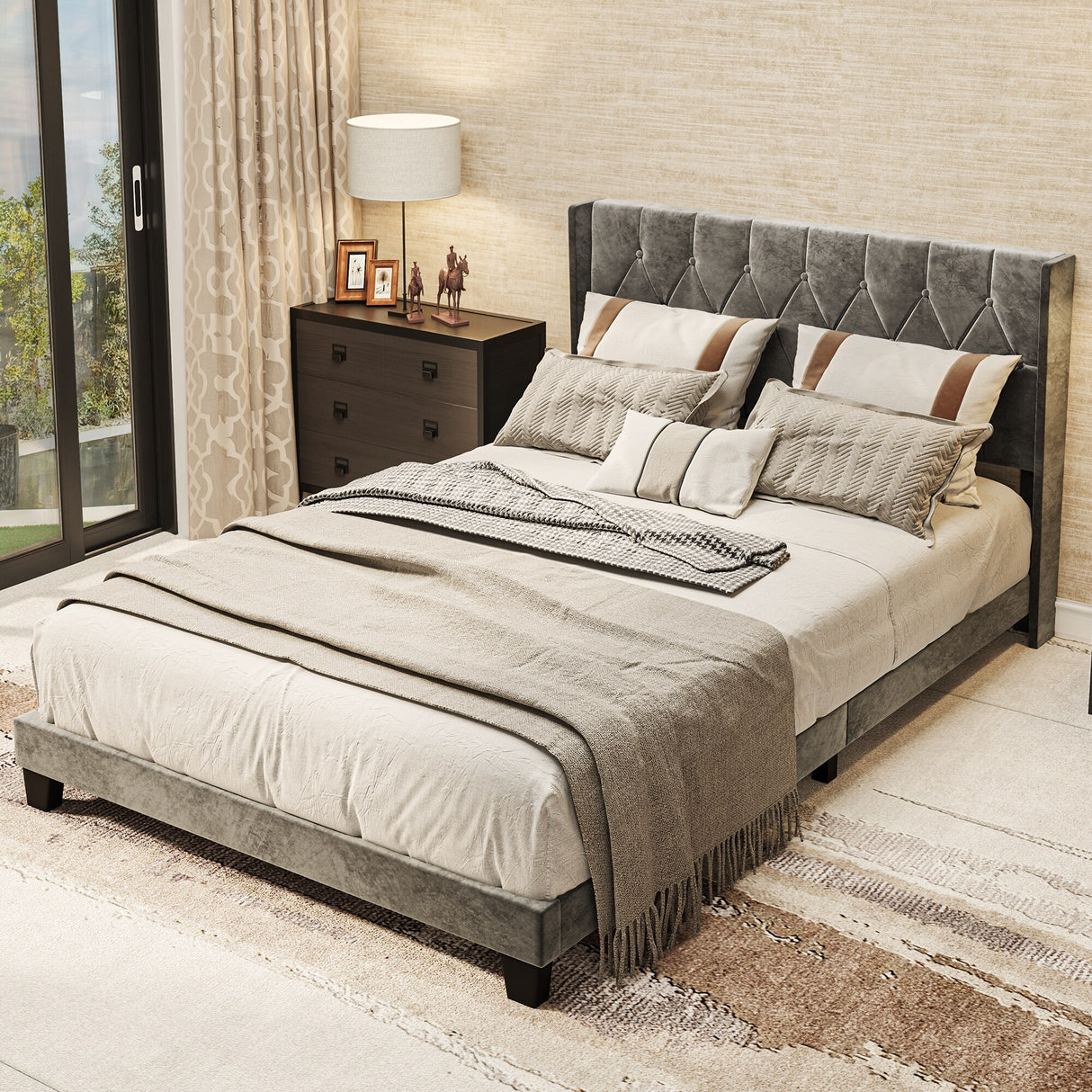 Rhombus/Square Velvet Tufted Headboard Platform Bed Frame