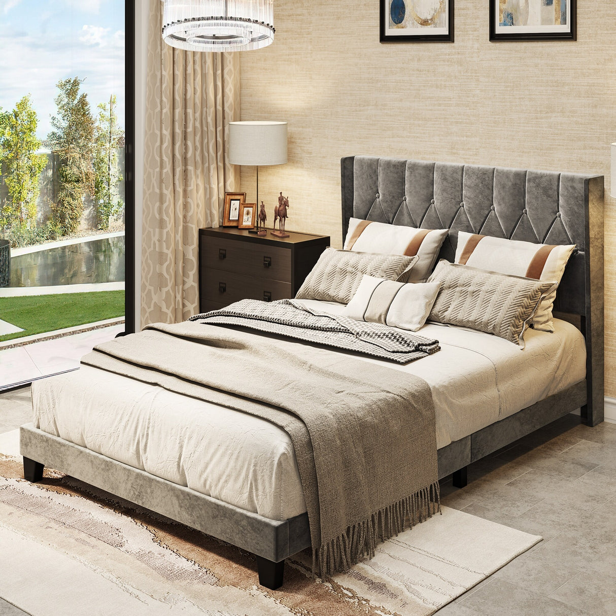 Rhombus/Square Velvet Tufted Headboard Platform Bed Frame