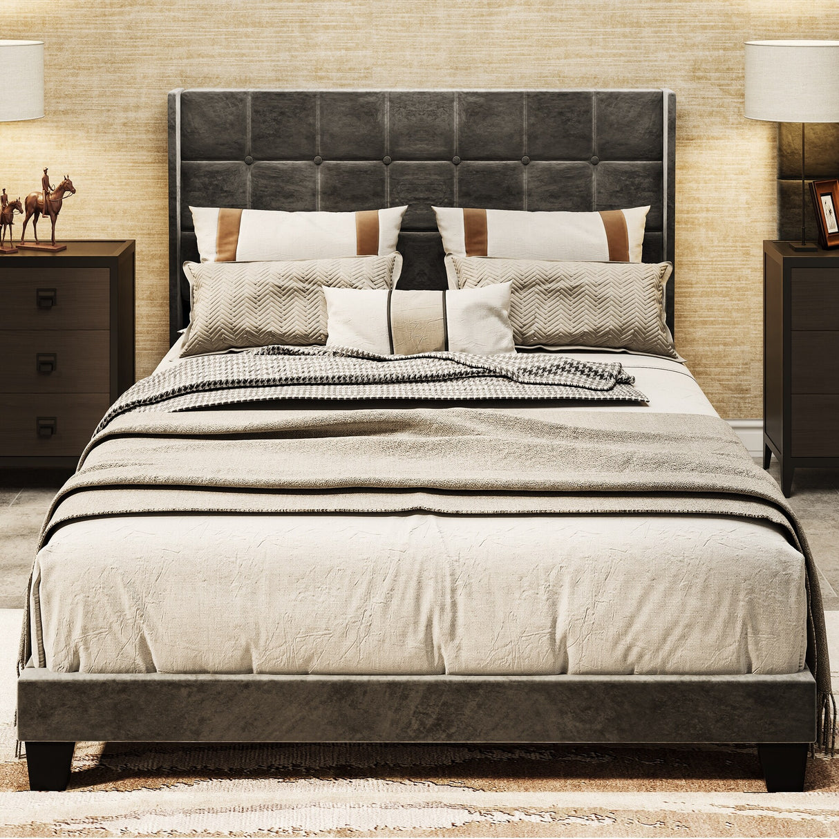 Rhombus/Square Velvet Tufted Headboard Platform Bed Frame