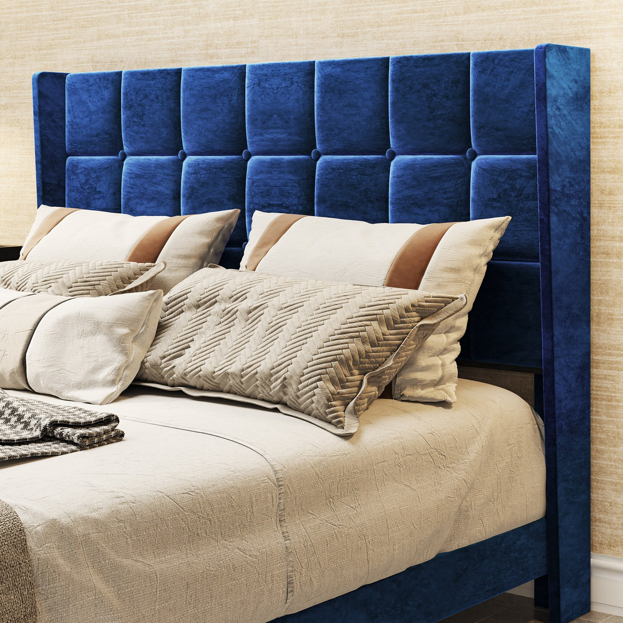 Rhombus/Square Velvet Tufted Headboard Platform Bed Frame
