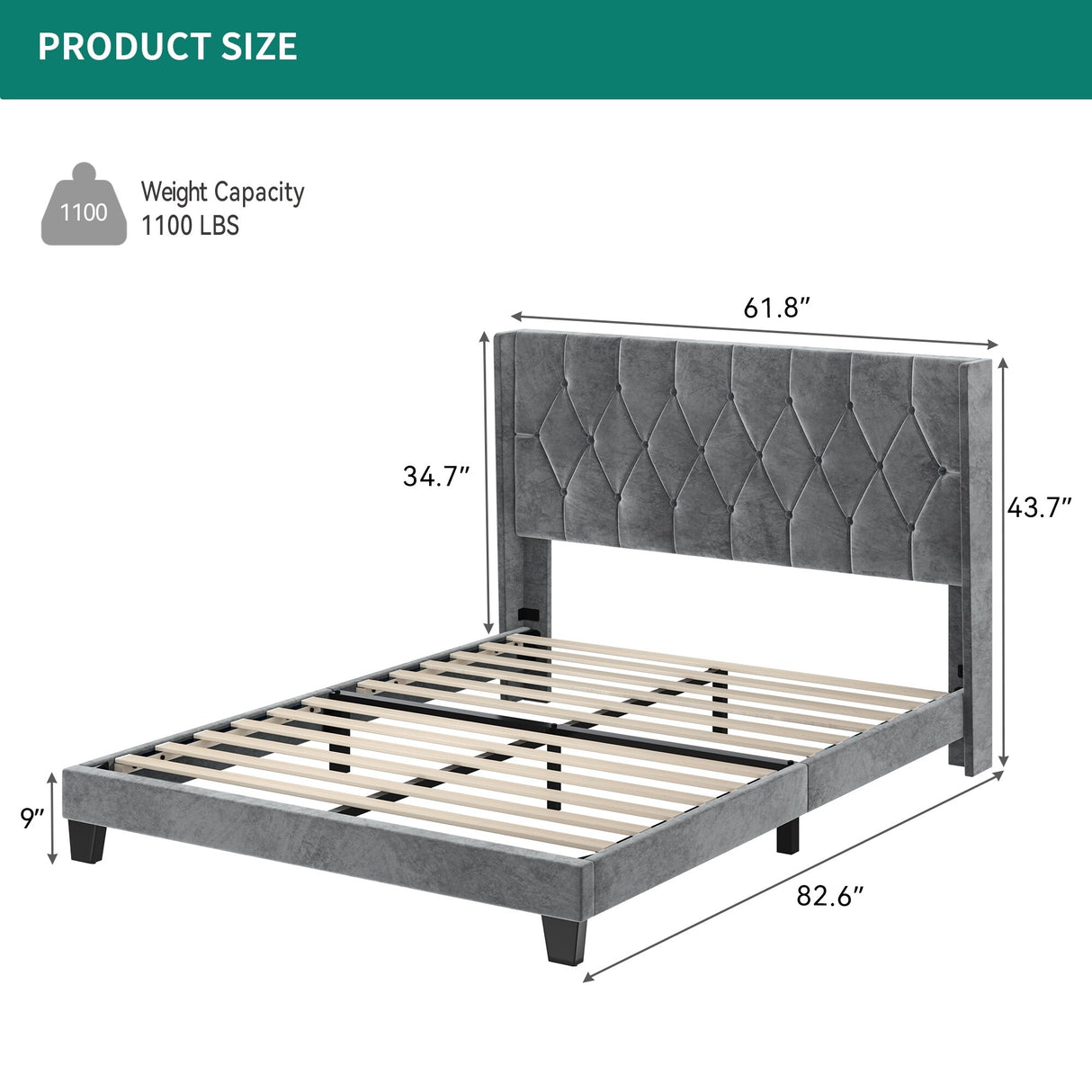 Rhombus/Square Velvet Tufted Headboard Platform Bed Frame