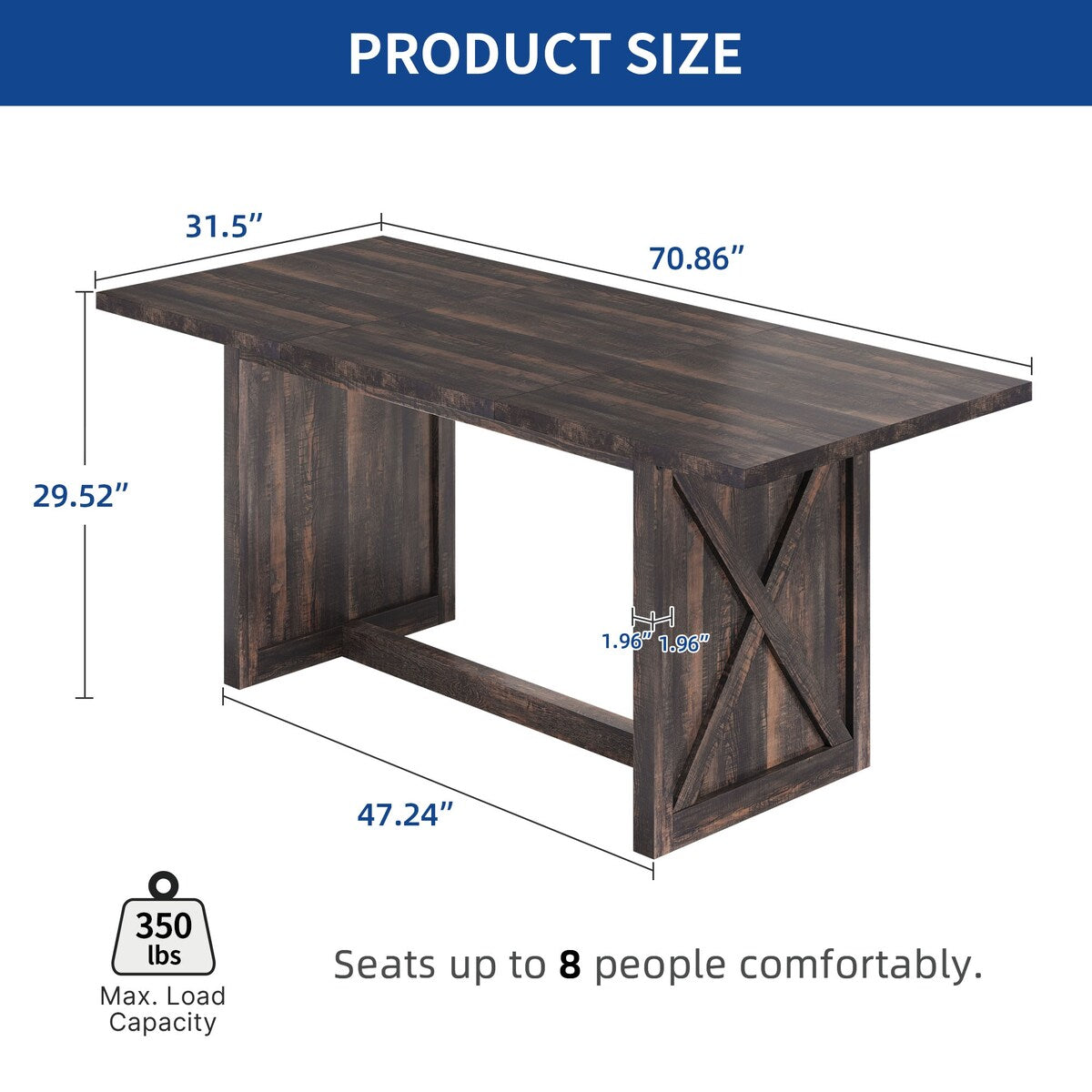 Moasis Rustic Style Wood Dinner Table 70.8" Large Farmhouse Kitchen Dining Room Table for 6 to 8 People
