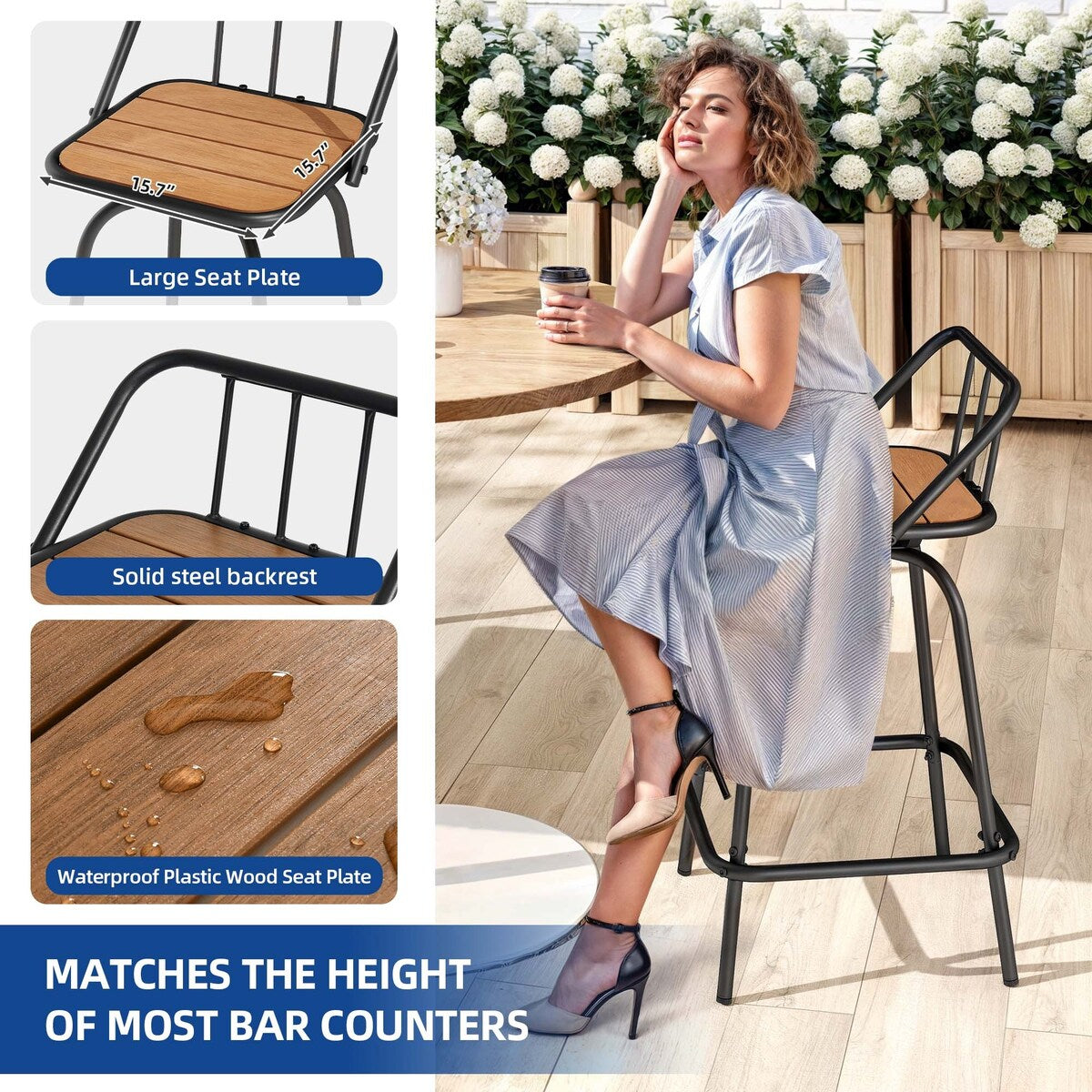 Moasis Set of 2 Swivel Bar Stools Black Patio Counter Stools for Kitchen Island or Outdoor
