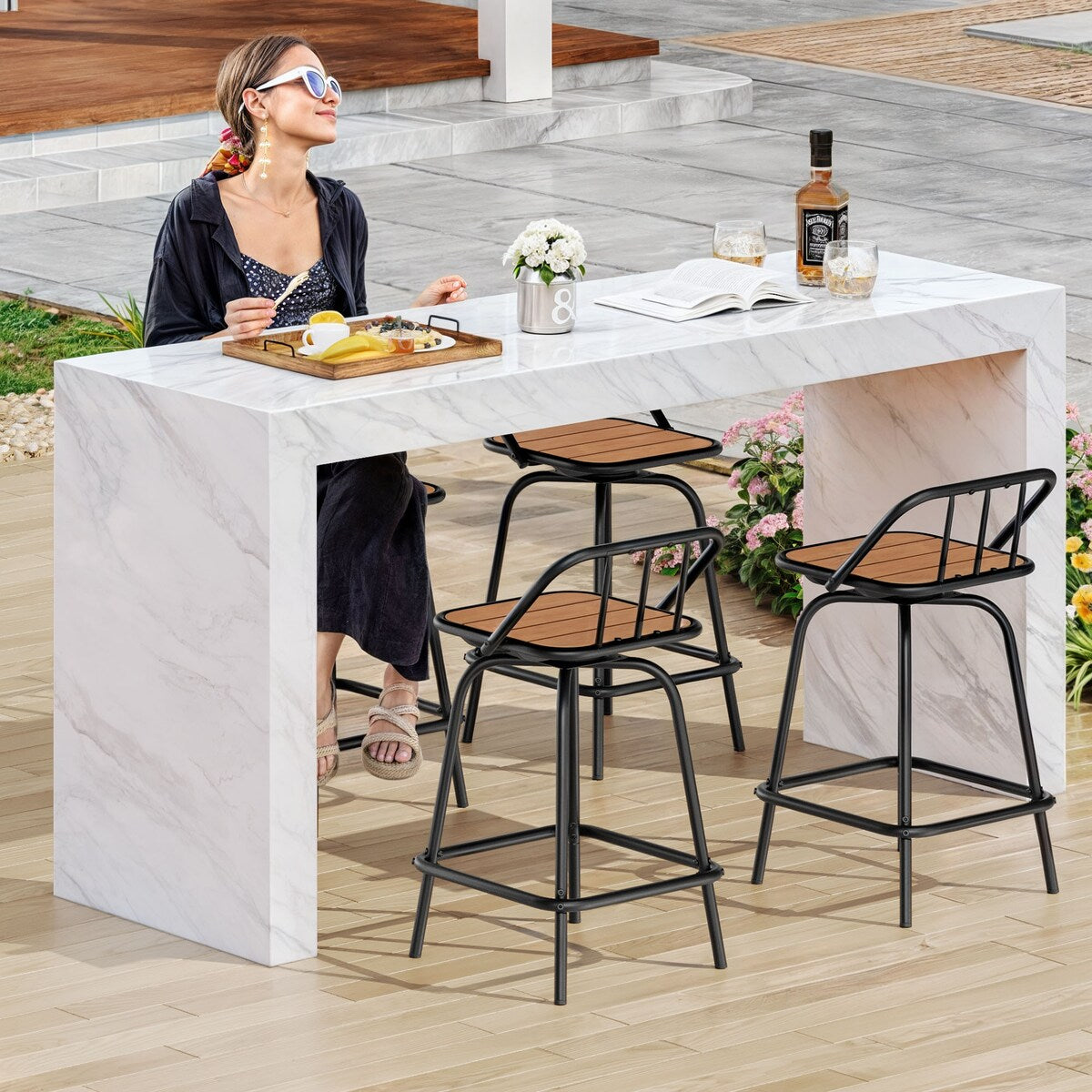 Moasis Set of 2 Swivel Bar Stools Black Patio Counter Stools for Kitchen Island or Outdoor