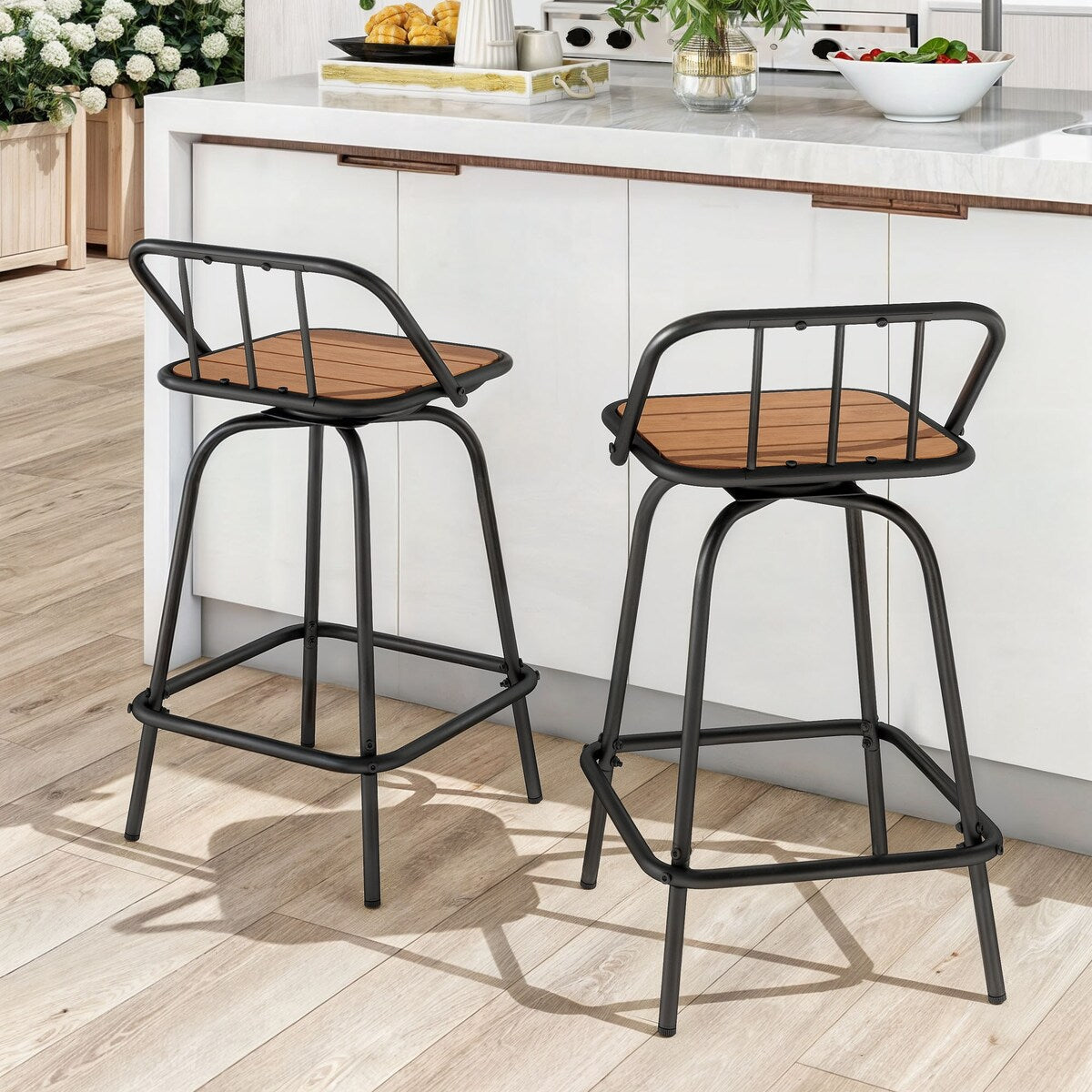 Moasis Set of 2 Swivel Bar Stools Black Patio Counter Stools for Kitchen Island or Outdoor