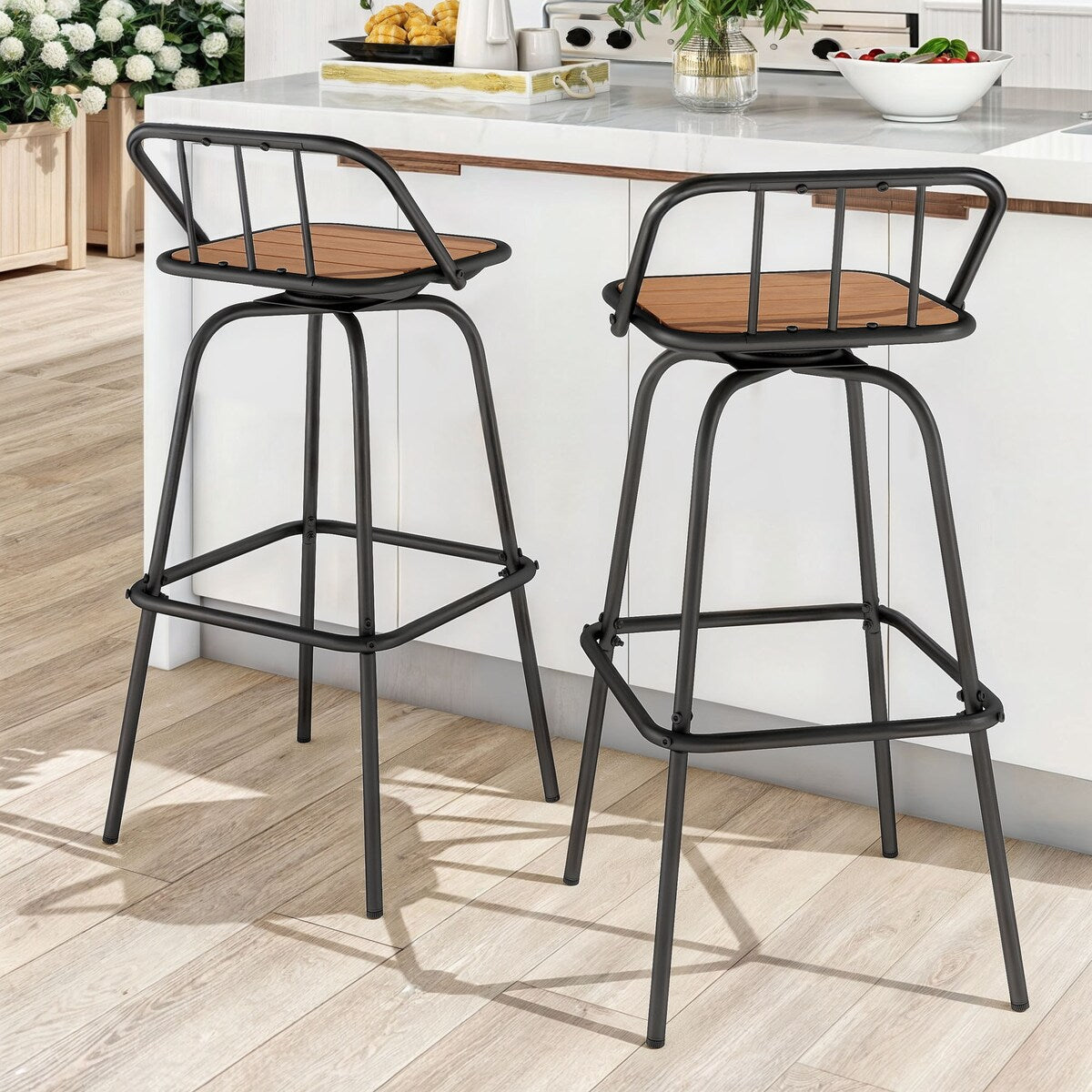 Moasis Set of 2 Swivel Bar Stools Black Patio Counter Stools for Kitchen Island or Outdoor