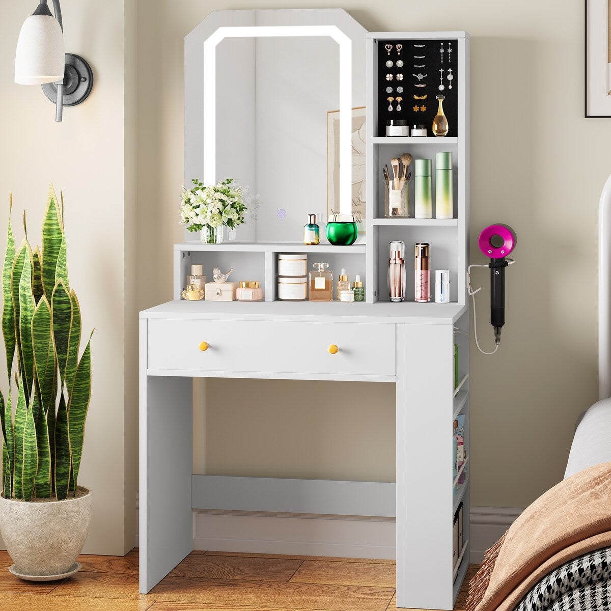 Moasis Small Makeup Vanity Desk with Mirror and Adjustable Lights - 15.75"D x 23.62"W x 55.91"H