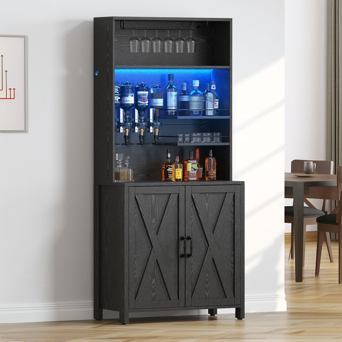 Moasis Tall Wine Bar Cabinet for Liquor and Glasses Dining Kitchen Cabinet with Liquor Dispenser & Wine Rack