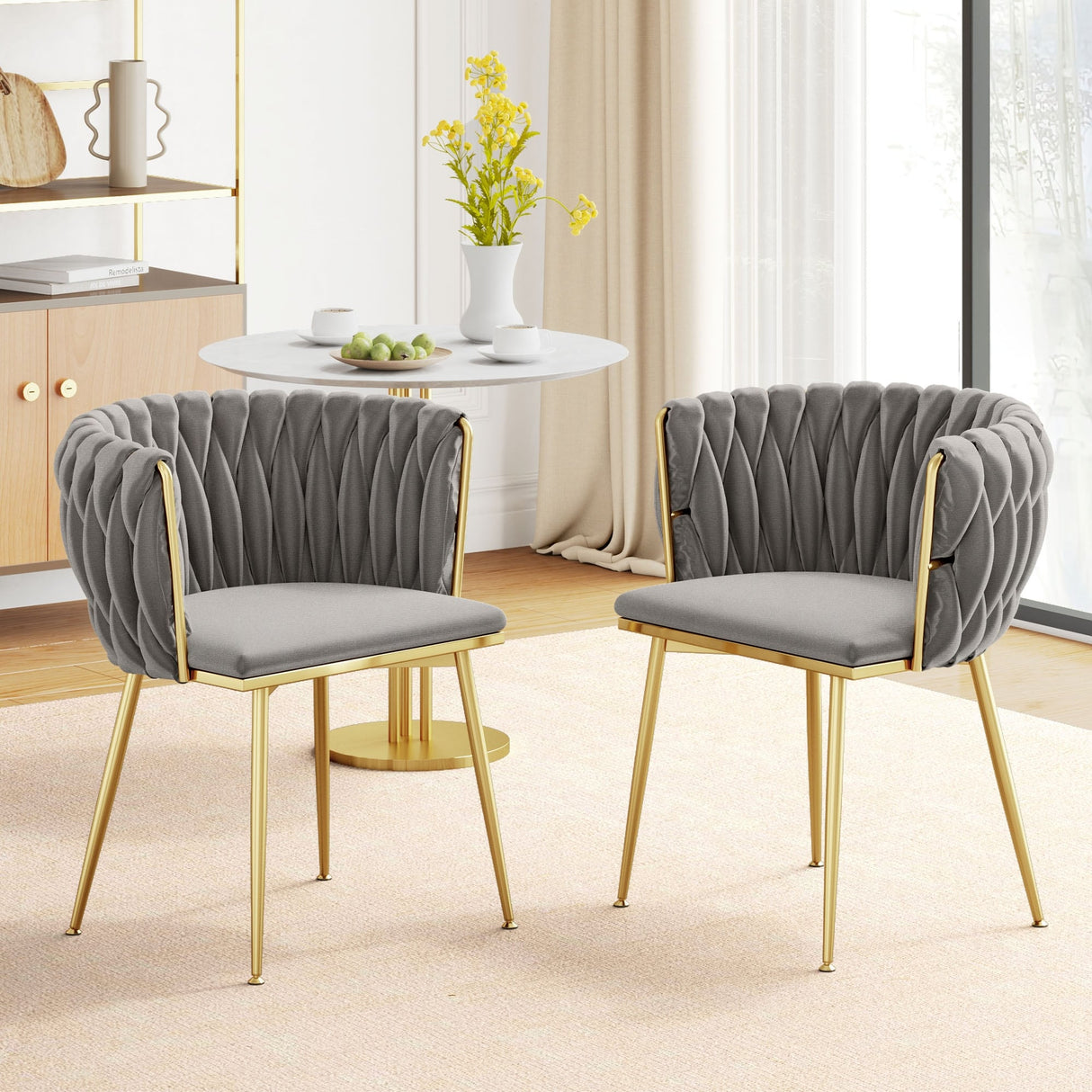 Moasis Upholstered Velvet Dining Chairs with Woven Back and Metal Frame (Set of 2)