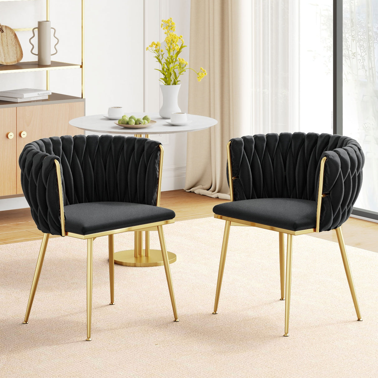 Moasis Upholstered Velvet Dining Chairs with Woven Back and Metal Frame (Set of 2)