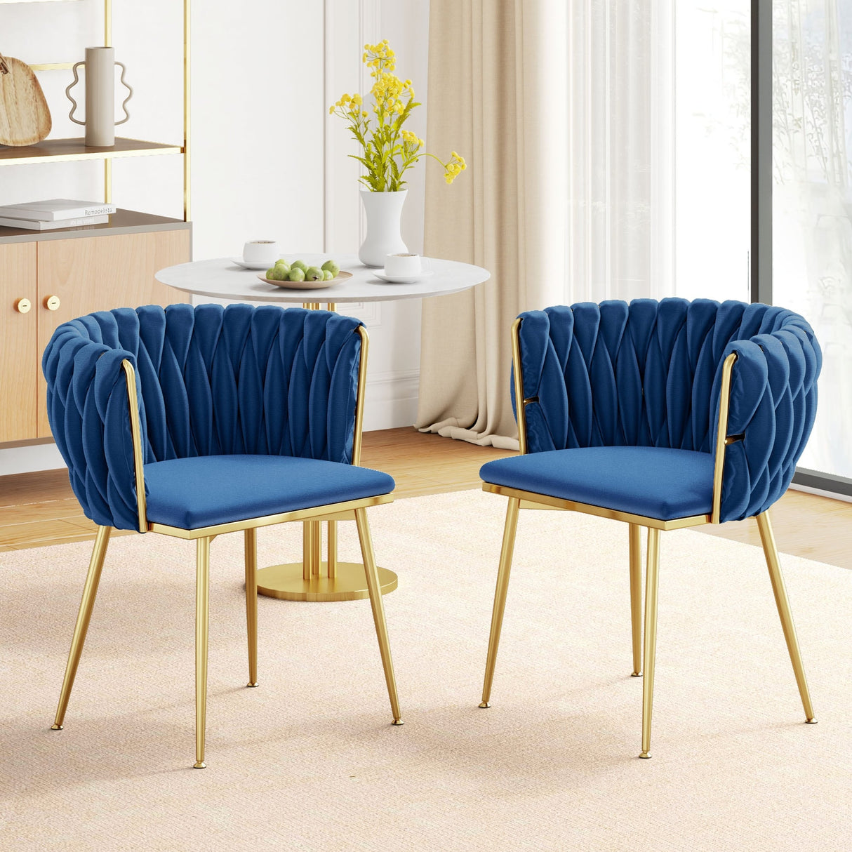 Moasis Upholstered Velvet Dining Chairs with Woven Back and Metal Frame (Set of 2)