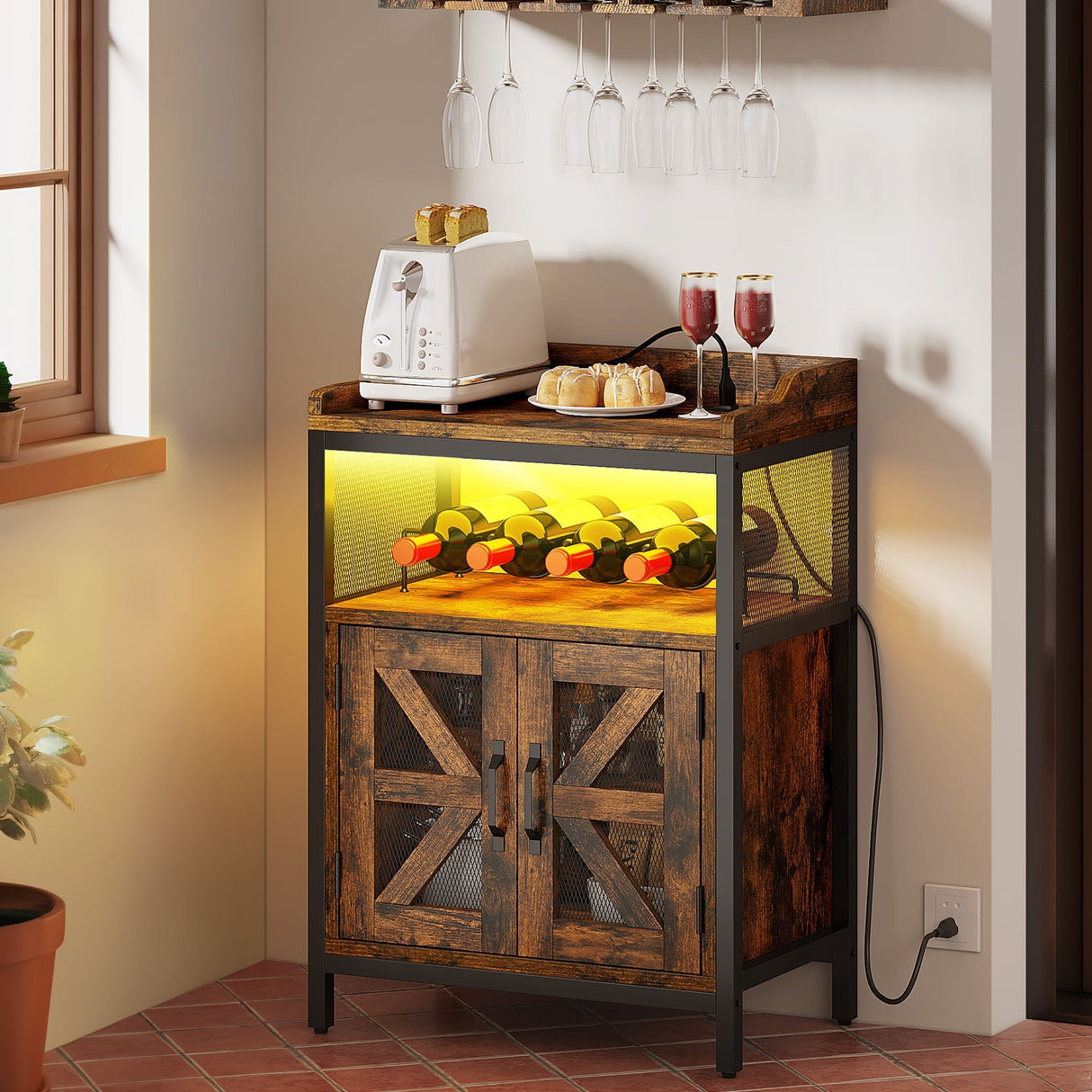 Moasis Wine Liquor Bar Cabinet with Led Lights & Outlets