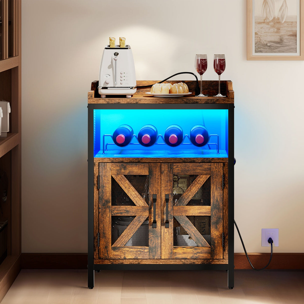 Moasis Wine Liquor Bar Cabinet with Led Lights & Outlets