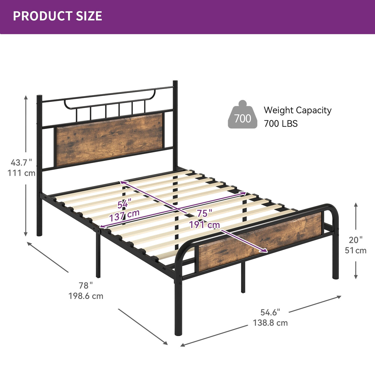Moasis Wood and Metal Platform Bed Frame with Headboard Twin/Full/Queen Size