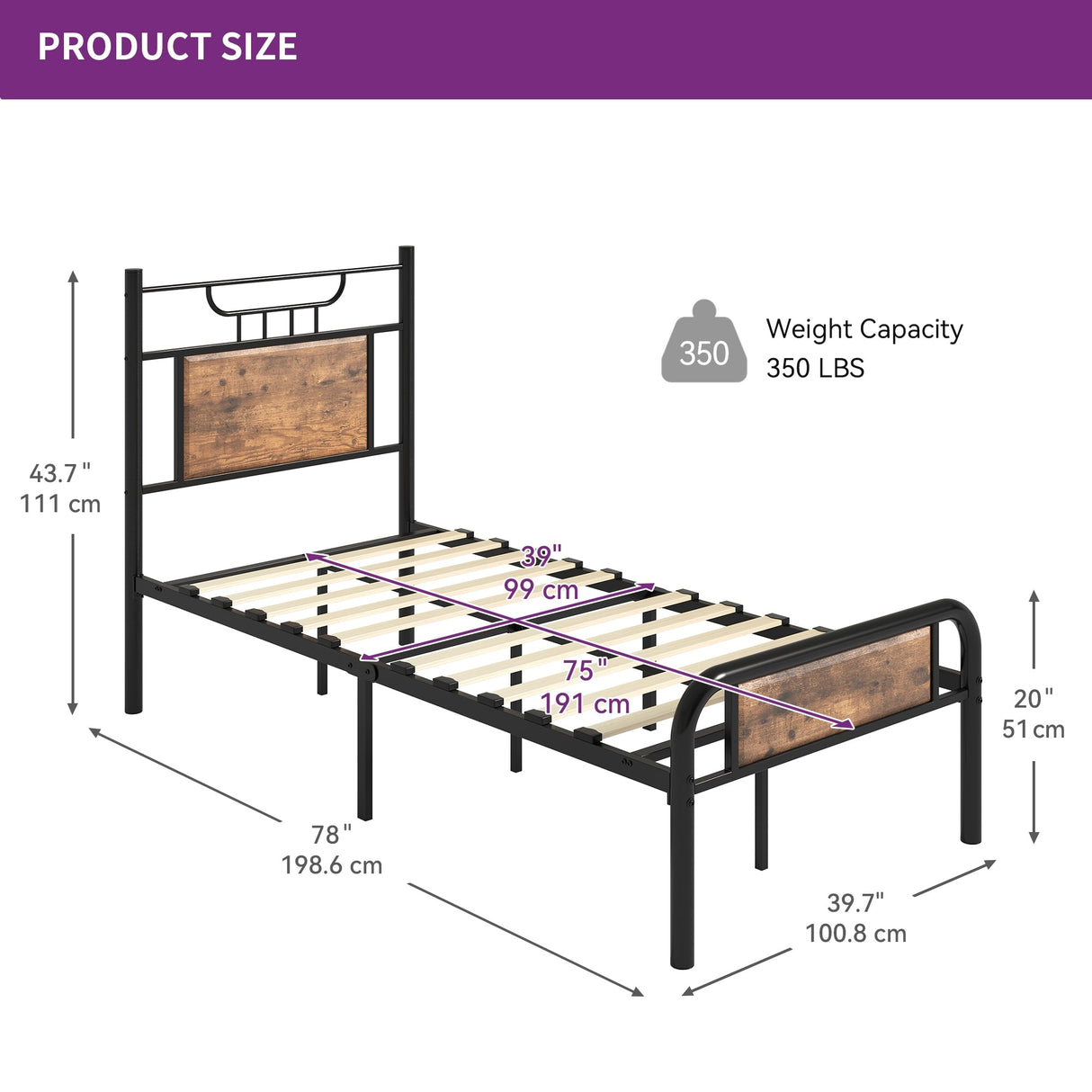 Moasis Wood and Metal Platform Bed Frame with Headboard Twin/Full/Queen Size