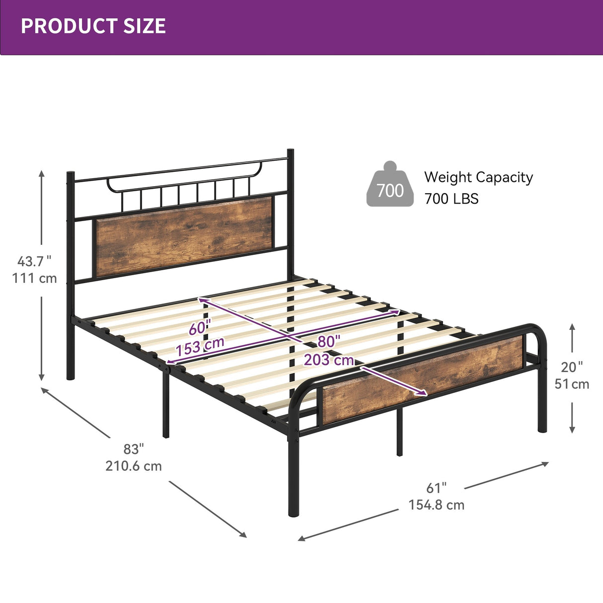 Moasis Wood and Metal Platform Bed Frame with Headboard Twin/Full/Queen Size