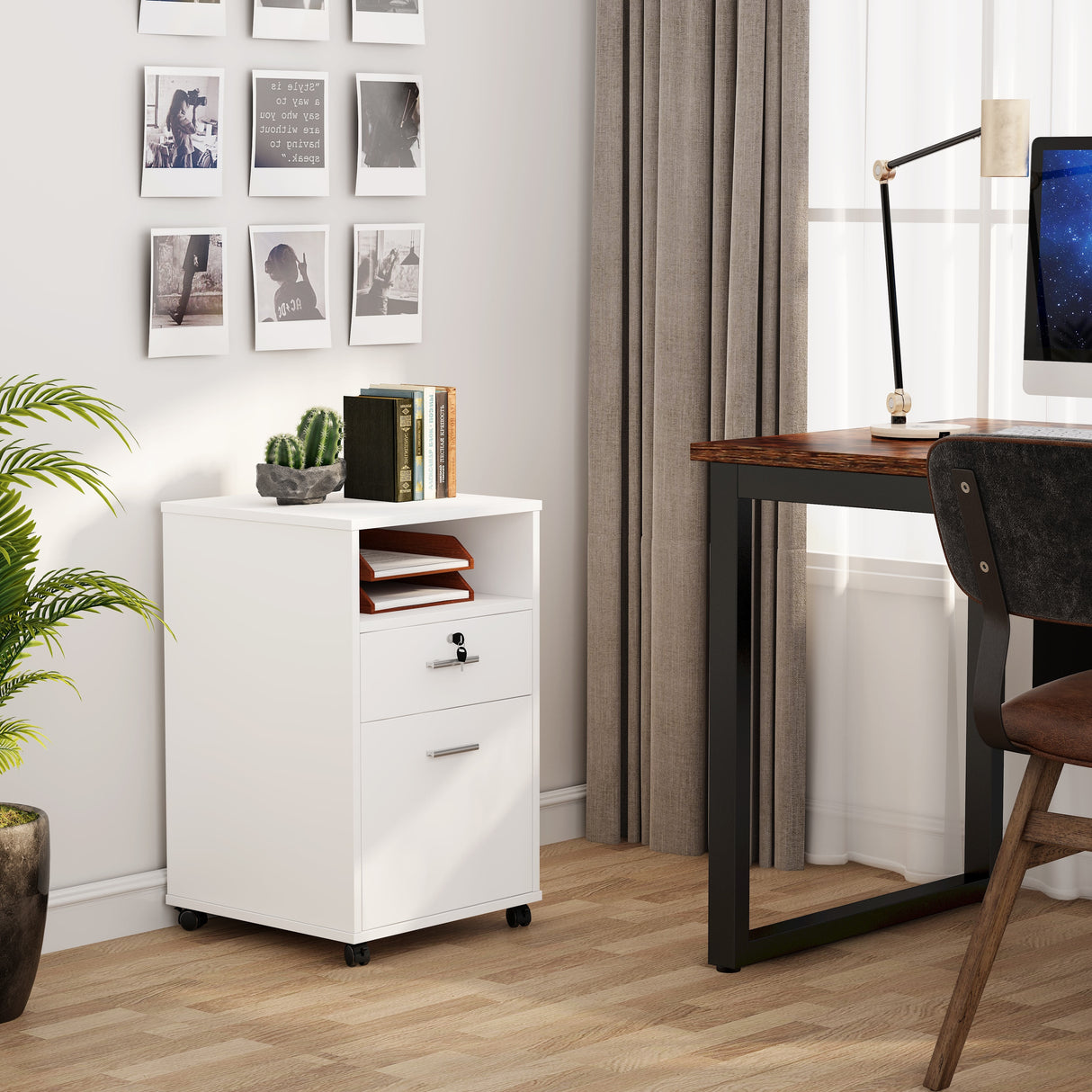 Mobile File Cabinet with 2 Drawer and Lock, Printer Stand with Rolling Wheels