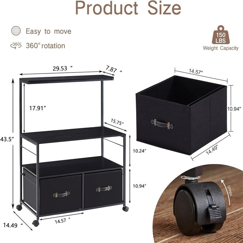 Mobile Lateral File Cabinet Rolling Printer Stand with 3 Open Storage Shelf - 15.75"D x 31.5"W x 43.5"H