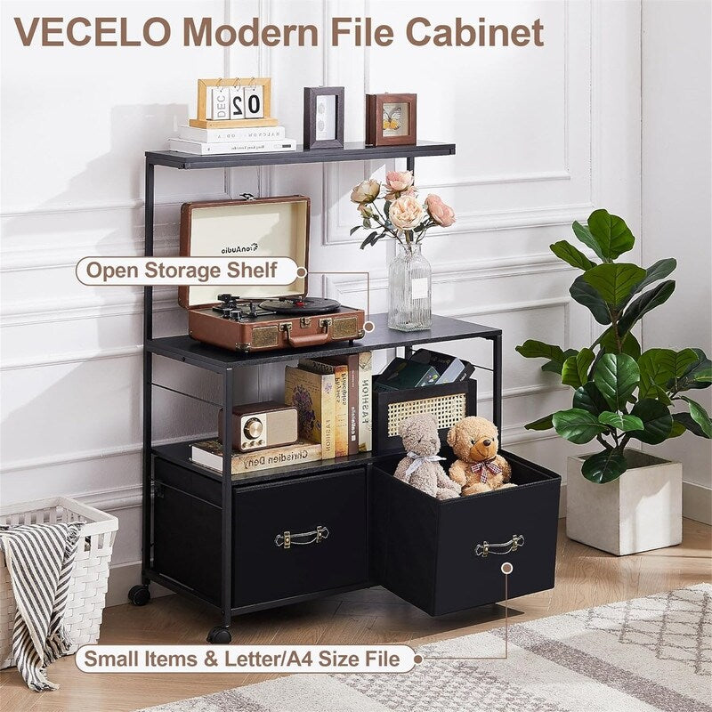 Mobile Lateral File Cabinet Rolling Printer Stand with 3 Open Storage Shelf - 15.75"D x 31.5"W x 43.5"H