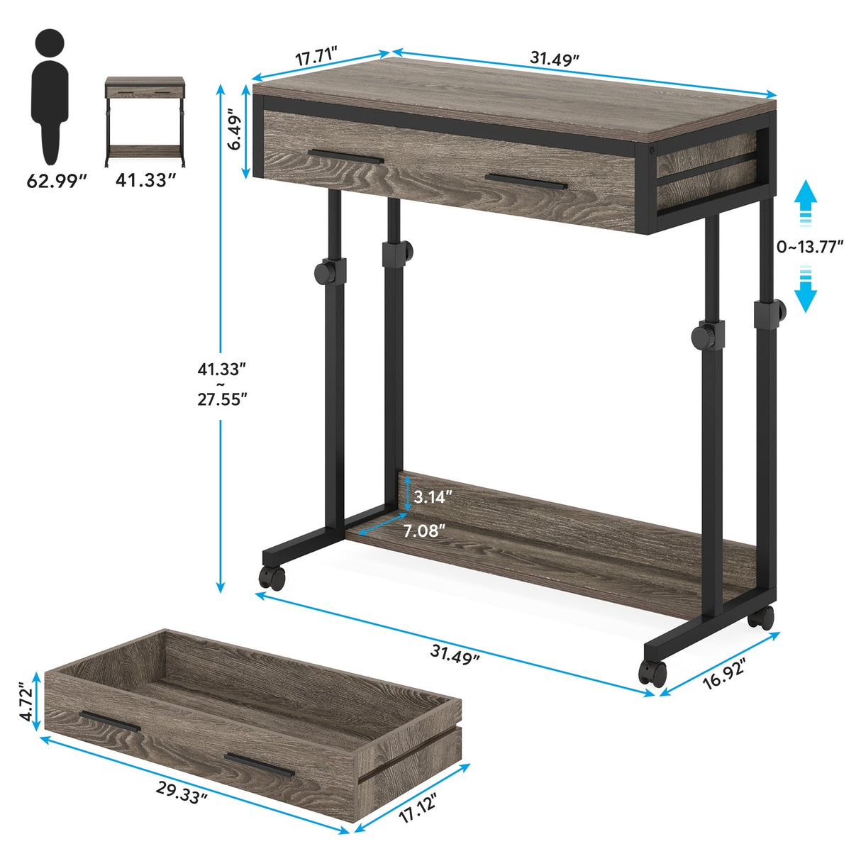 Mobile Portable Laptop Standing Desk with Drawers
