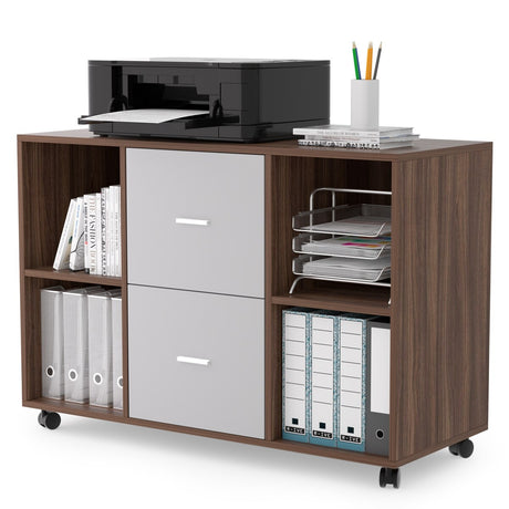 Mobile lateral filing cabinet with 2 drawers and 4 open storage cabinets, for home office