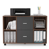 Mobile lateral filing cabinet with 2 drawers and 4 open storage cabinets, for home office
