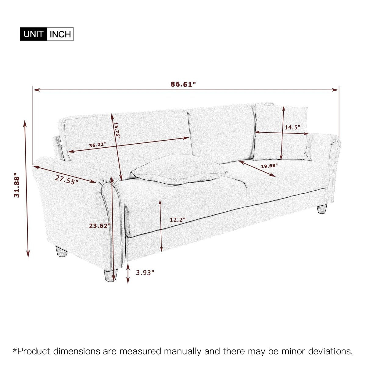 Moda 3 Person Sofa 3 Seat Sofa Couch