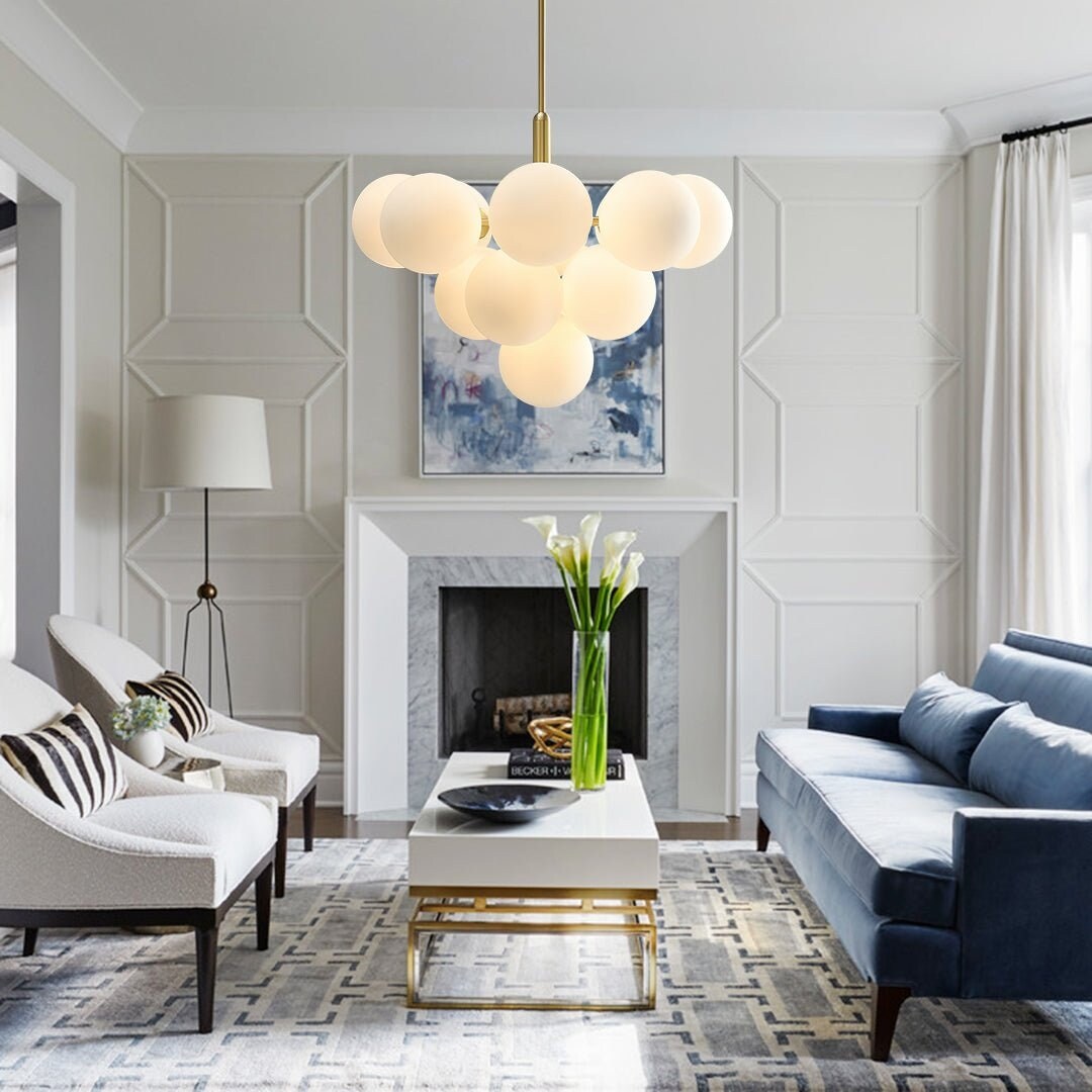 Modern 13-Light Brass Glass Globe Cluster Chandelier
