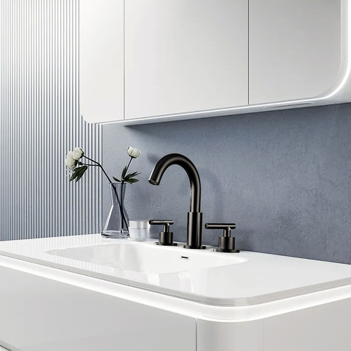 Modern 2-Handle Deck Mounted Bathroom Waterfall Faucet Widespread With 360° Swivel Spout
