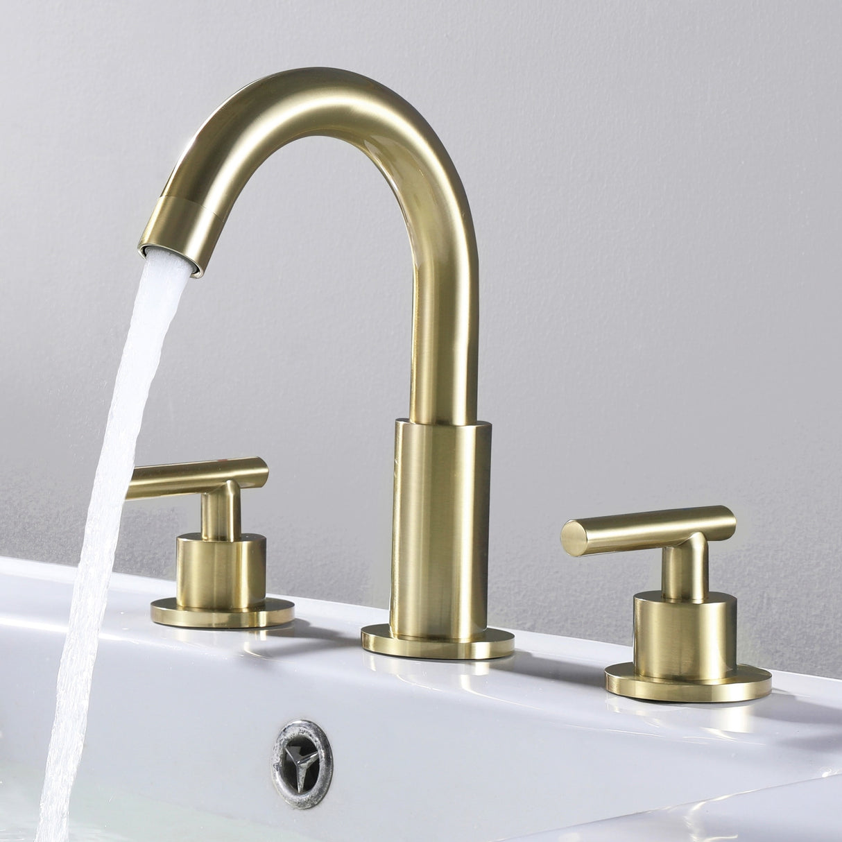 Modern 2-Handle Deck Mounted Bathroom Waterfall Faucet Widespread With 360° Swivel Spout