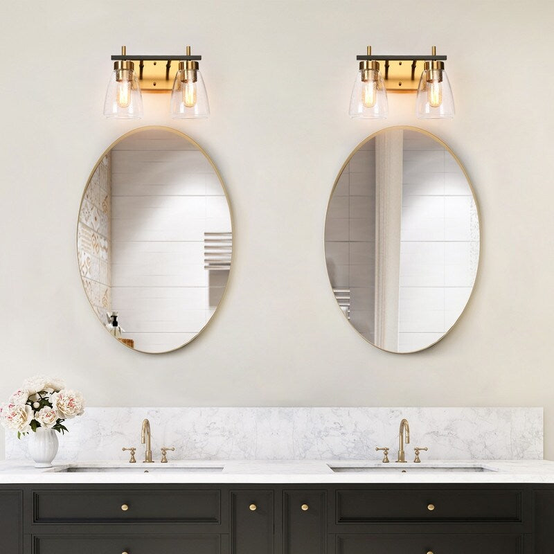 Modern 2-Light Black Gold Bathroom Vanity Lights Wall Sconces with Seeded Glass - 13" L x 6.5" W x 9.5" H