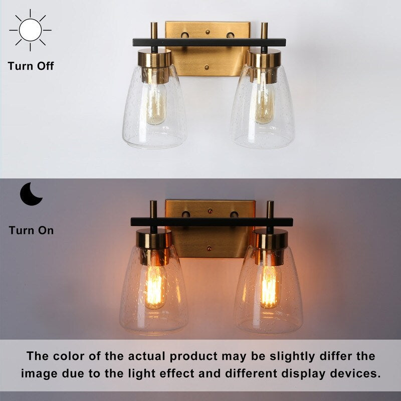 Modern 2-Light Black Gold Bathroom Vanity Lights Wall Sconces with Seeded Glass - 13" L x 6.5" W x 9.5" H